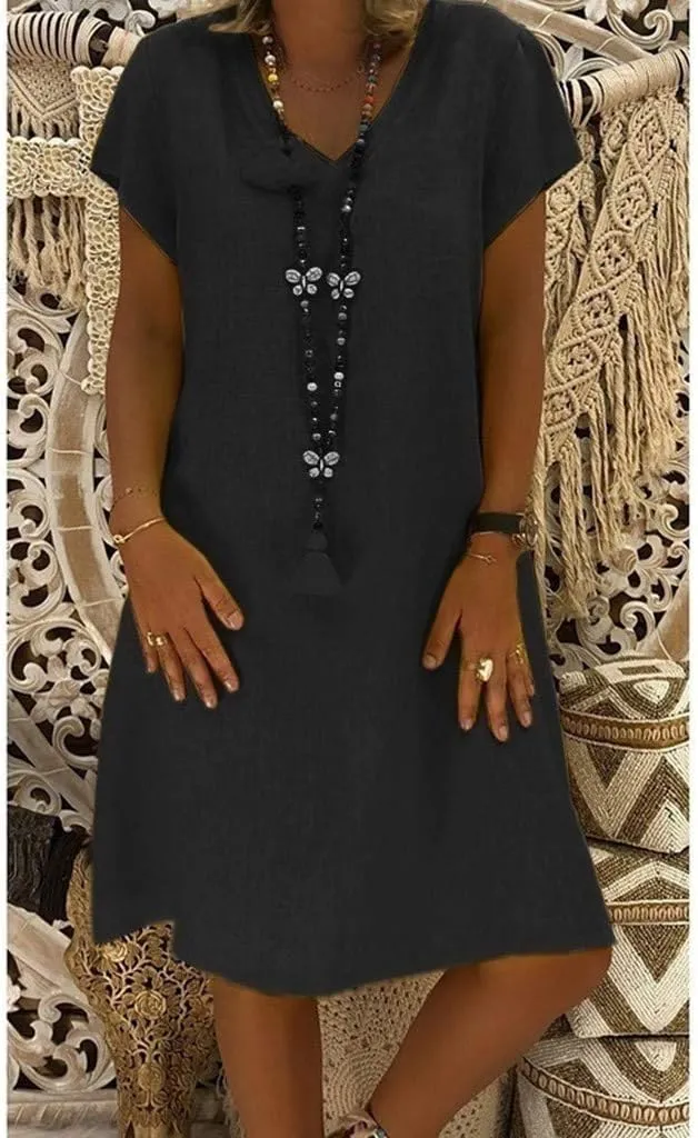 Womens Linen Short Sleeve Midi Dress V Neck Baggy Plus Size Summer Casual Flowy Loose Fit Vacation Long Dress