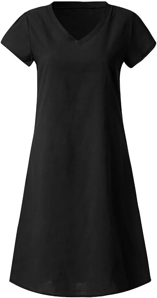 Womens Linen Short Sleeve Midi Dress V Neck Baggy Plus Size Summer Casual Flowy Loose Fit Vacation Long Dress