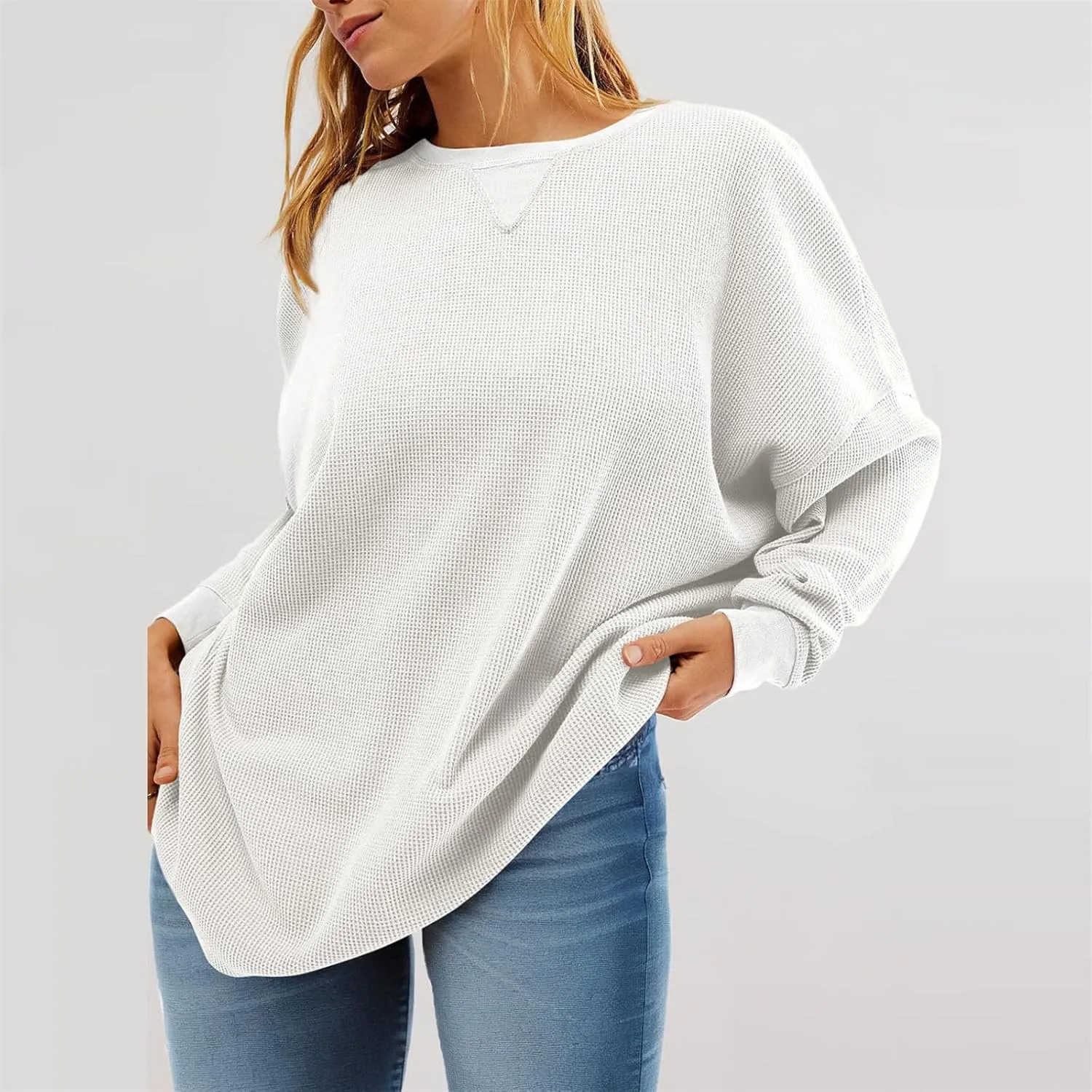 Womens Long Sleeve Crewneck Sweatshirt Trendy 2024 Casual Waffle Knit Pullover Tops Oversized Fall Sweatshirts