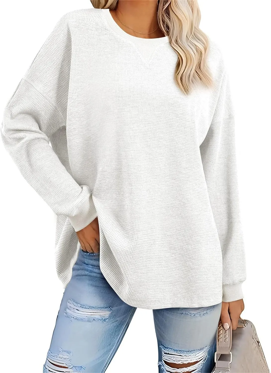 Womens Long Sleeve Crewneck Sweatshirt Trendy 2024 Casual Waffle Knit Pullover Tops Oversized Fall Sweatshirts