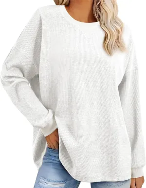 Womens Long Sleeve Crewneck Sweatshirt Trendy 2024 Casual Waffle Knit Pullover Tops Oversized Fall Sweatshirts