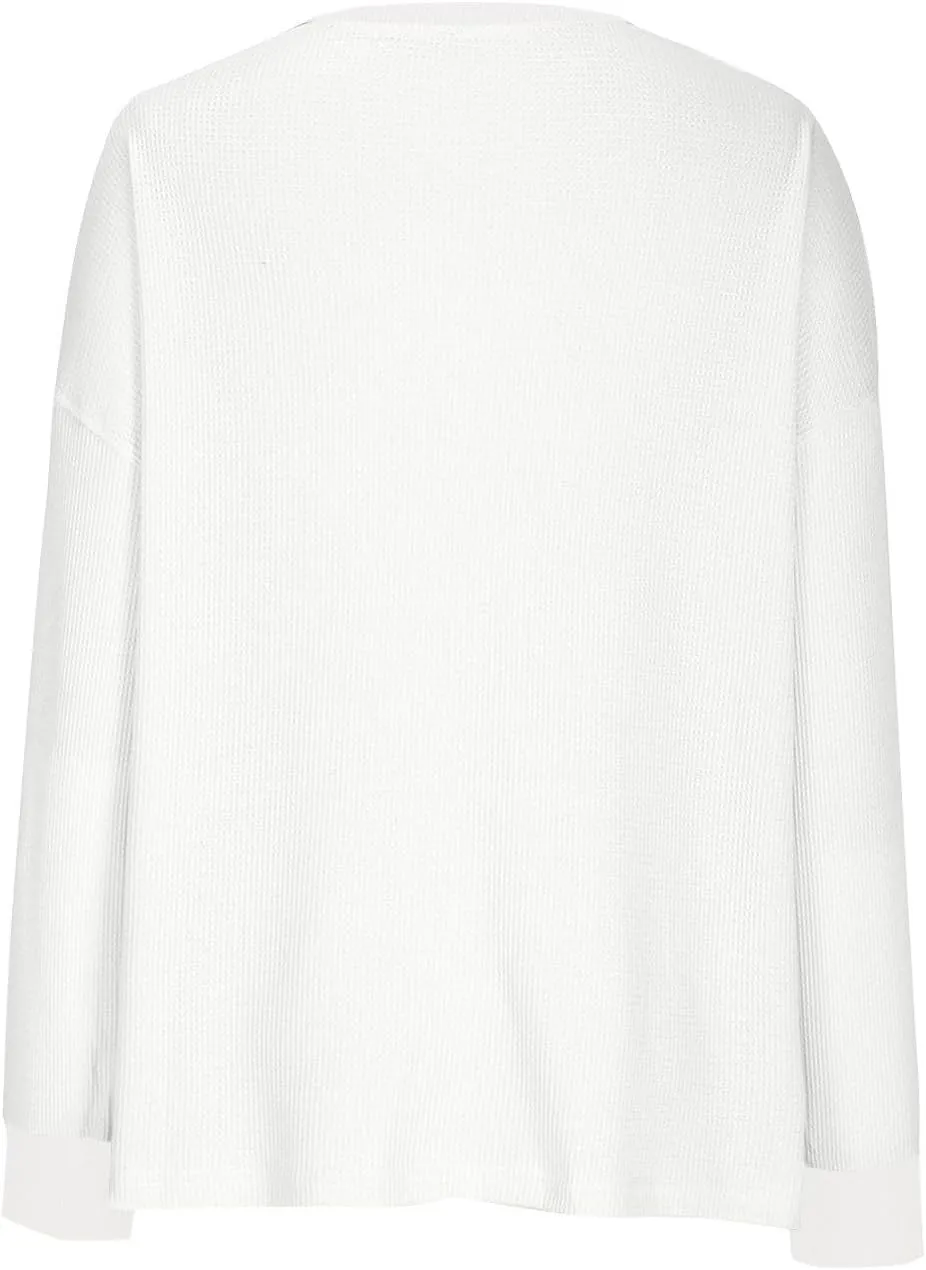 Womens Long Sleeve Crewneck Sweatshirt Trendy 2024 Casual Waffle Knit Pullover Tops Oversized Fall Sweatshirts