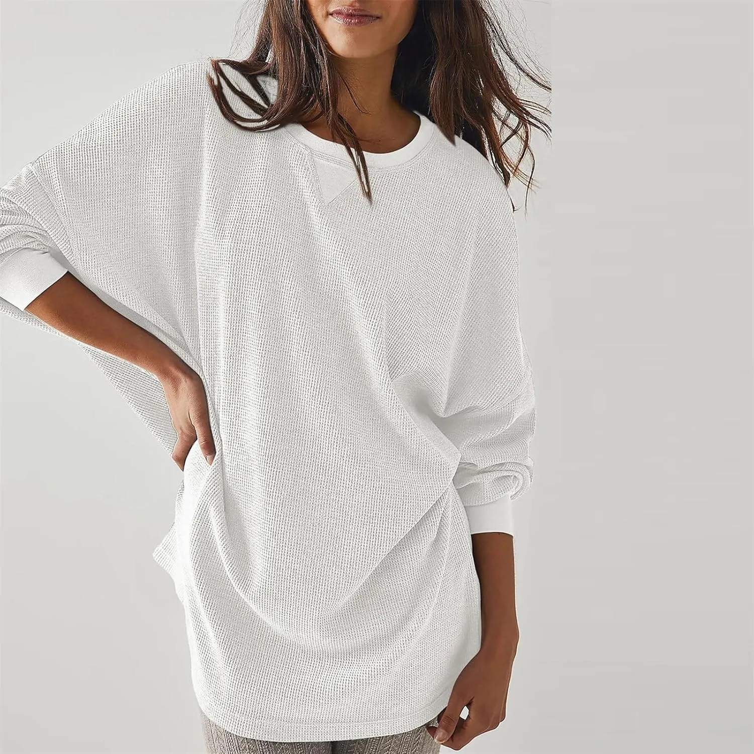 Womens Long Sleeve Crewneck Sweatshirt Trendy 2024 Casual Waffle Knit Pullover Tops Oversized Fall Sweatshirts