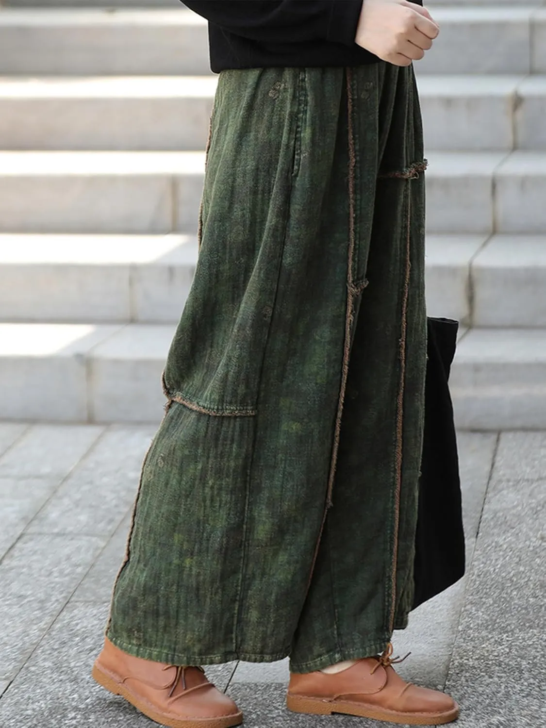 Women's Loose Cotton Pants,Patchwork Style Straight Leg Pants, Casual Vintage Boho Harem Pants