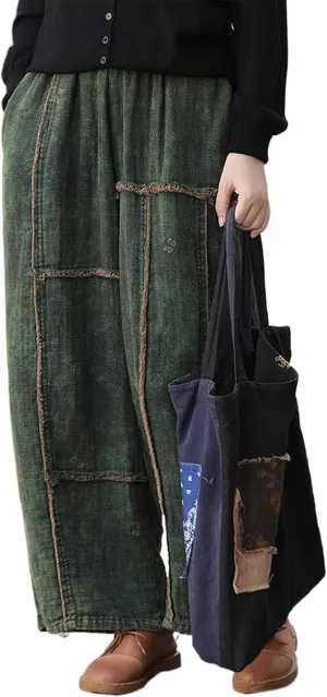 Women's Loose Cotton Pants,Patchwork Style Straight Leg Pants, Casual Vintage Boho Harem Pants