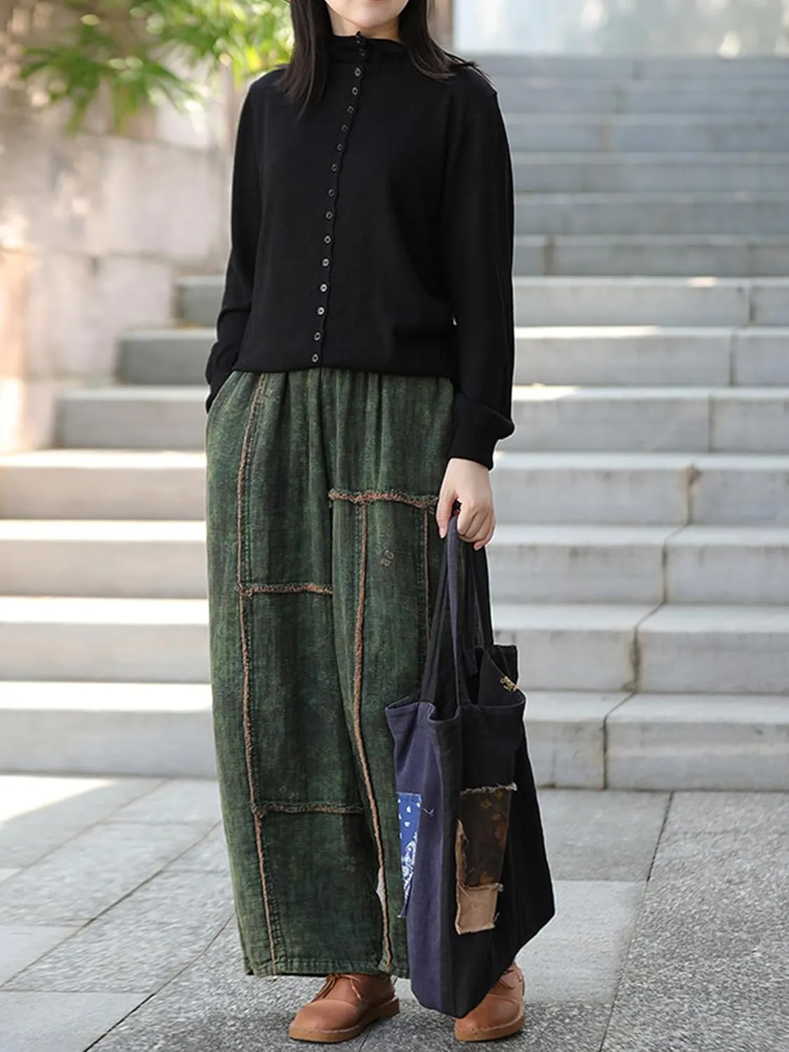Women's Loose Cotton Pants,Patchwork Style Straight Leg Pants, Casual Vintage Boho Harem Pants