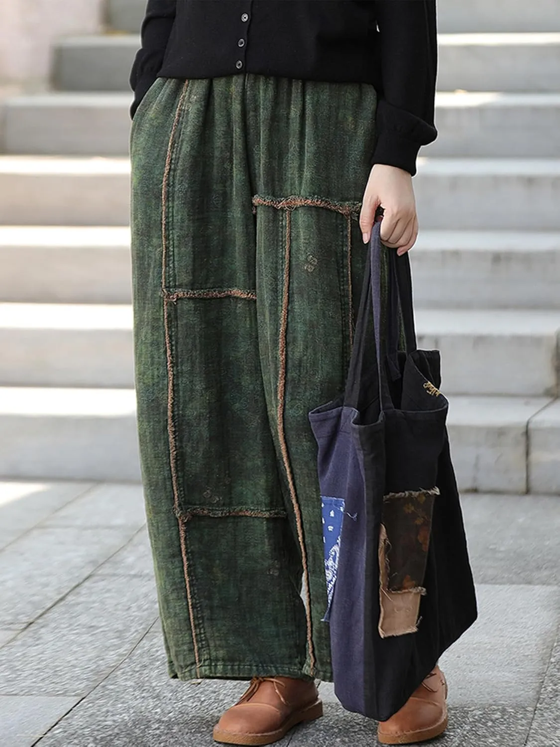 Women's Loose Cotton Pants,Patchwork Style Straight Leg Pants, Casual Vintage Boho Harem Pants