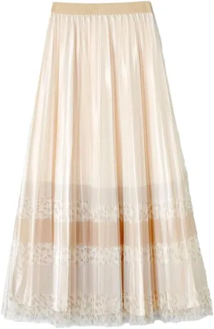 Women's Midi Mesh Tulle Pleated A-Line Skirts Elastic High Waist Skirts for Spring Summer Party Skirts