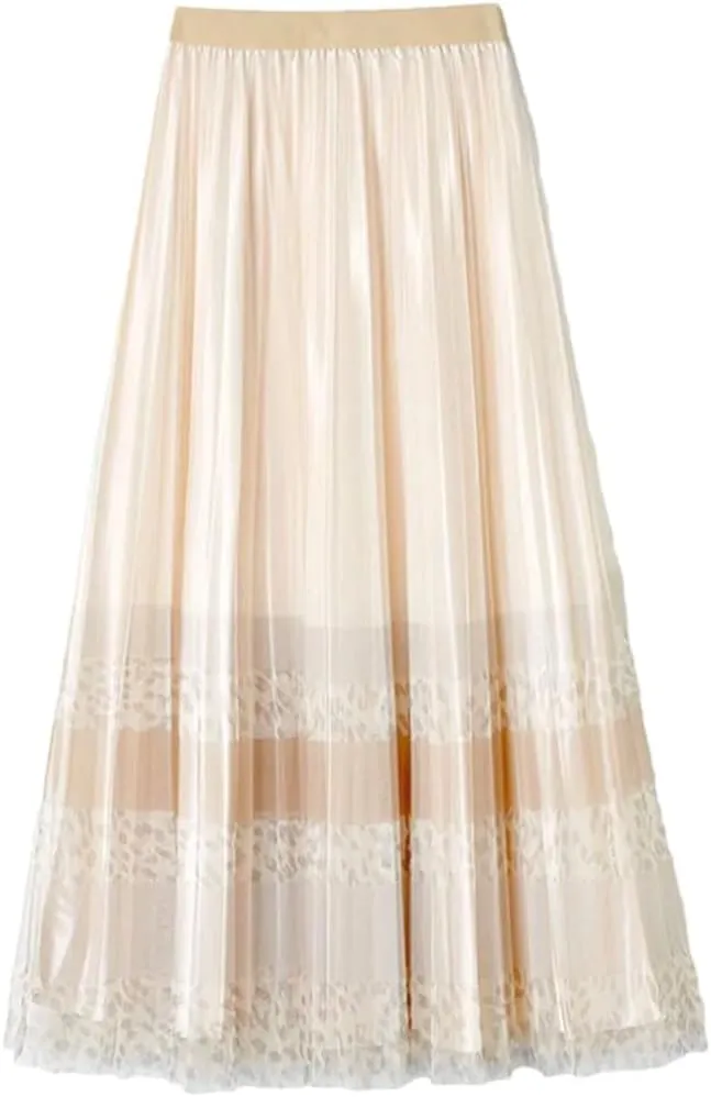 Women's Midi Mesh Tulle Pleated A-Line Skirts Elastic High Waist Skirts for Spring Summer Party Skirts