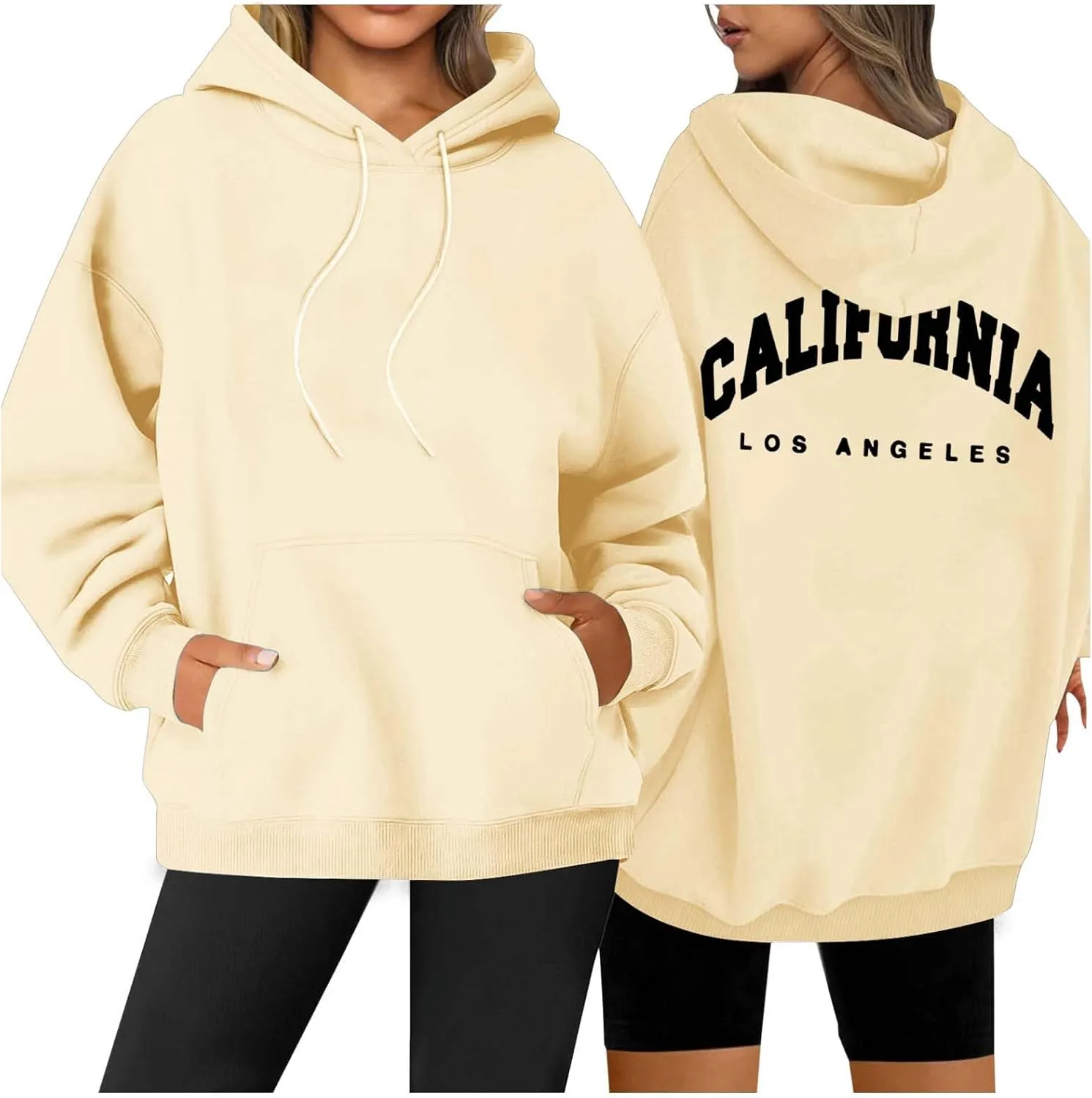 Womens Oversized Hoodies Fleece Hooded Sweatshirts Solid Basic Loose Letter Pullover Tops Drawstring 2024 Fall Outfit