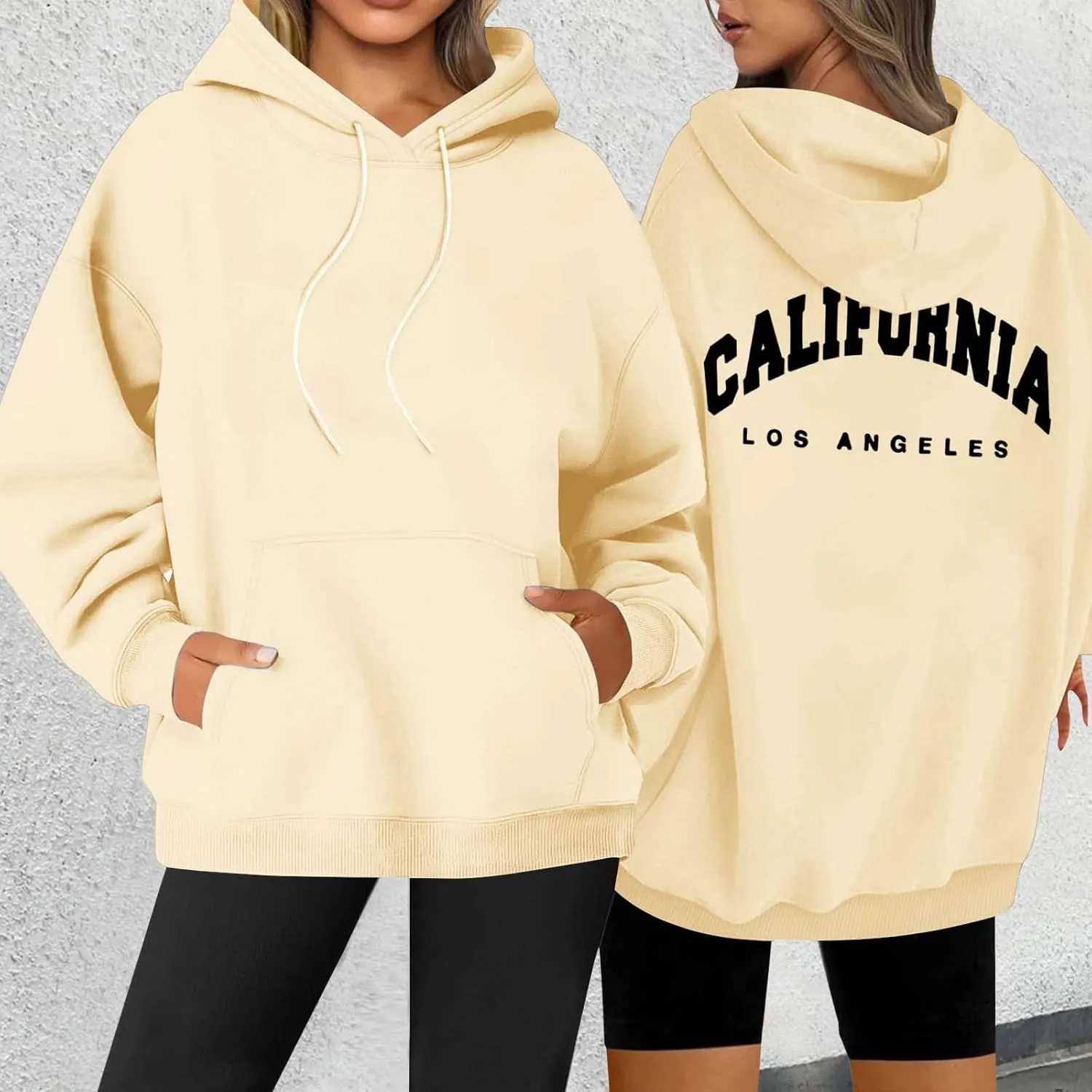 Womens Oversized Hoodies Fleece Hooded Sweatshirts Solid Basic Loose Letter Pullover Tops Drawstring 2024 Fall Outfit