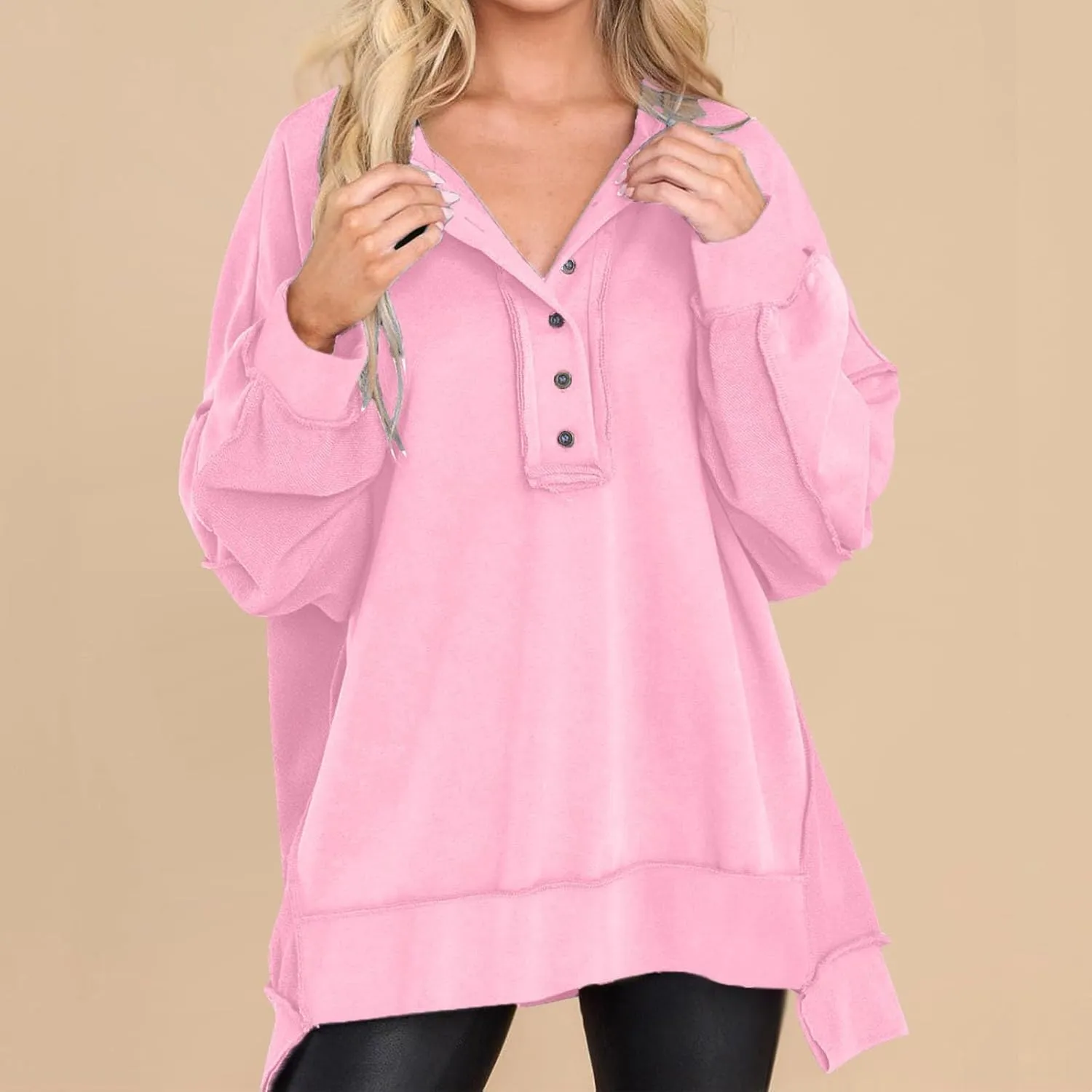Womens Oversized Sweatshirt Casual Long Sleeve Shirts Button Henley Neck Pullover Patchwork Tunic Tops Fall Outfits