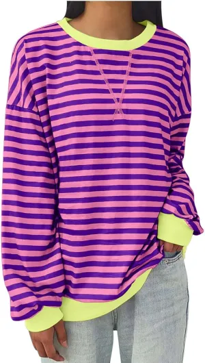 Women's Oversized Sweatshirts 2024 Fall y2k Clothes Casual Striped Pullover Tops Long Sleeve Crewneck Shirts
