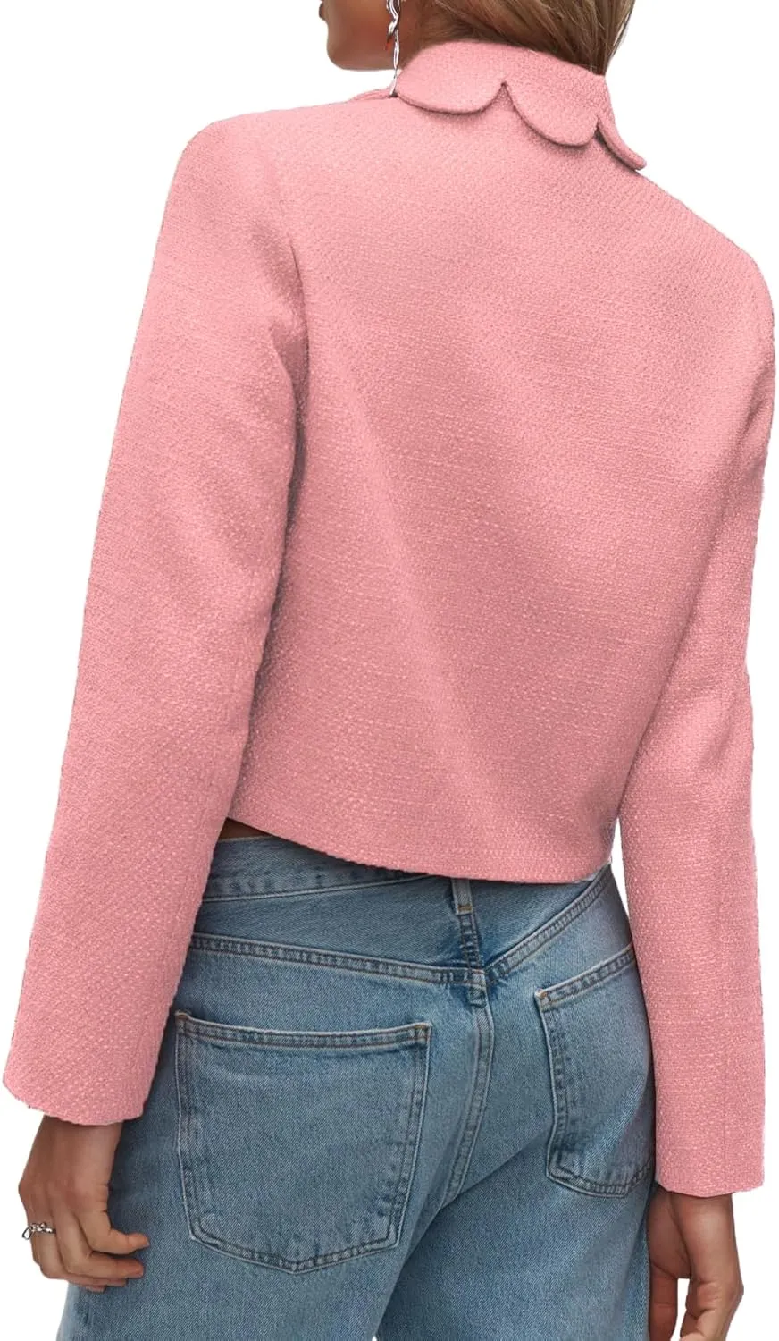 Women's Petal Bow Tweed Blazers Long Sleeve Cropped Jacket Tops Fall Open Front Office Work Blazer Coats