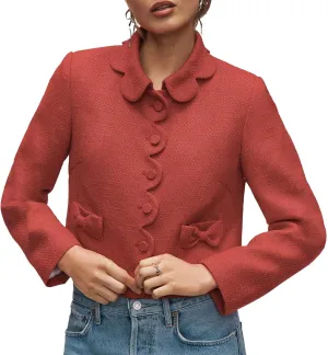 Women's Petal Bow Tweed Blazers Long Sleeve Cropped Jacket Tops Fall Open Front Office Work Blazer Coats