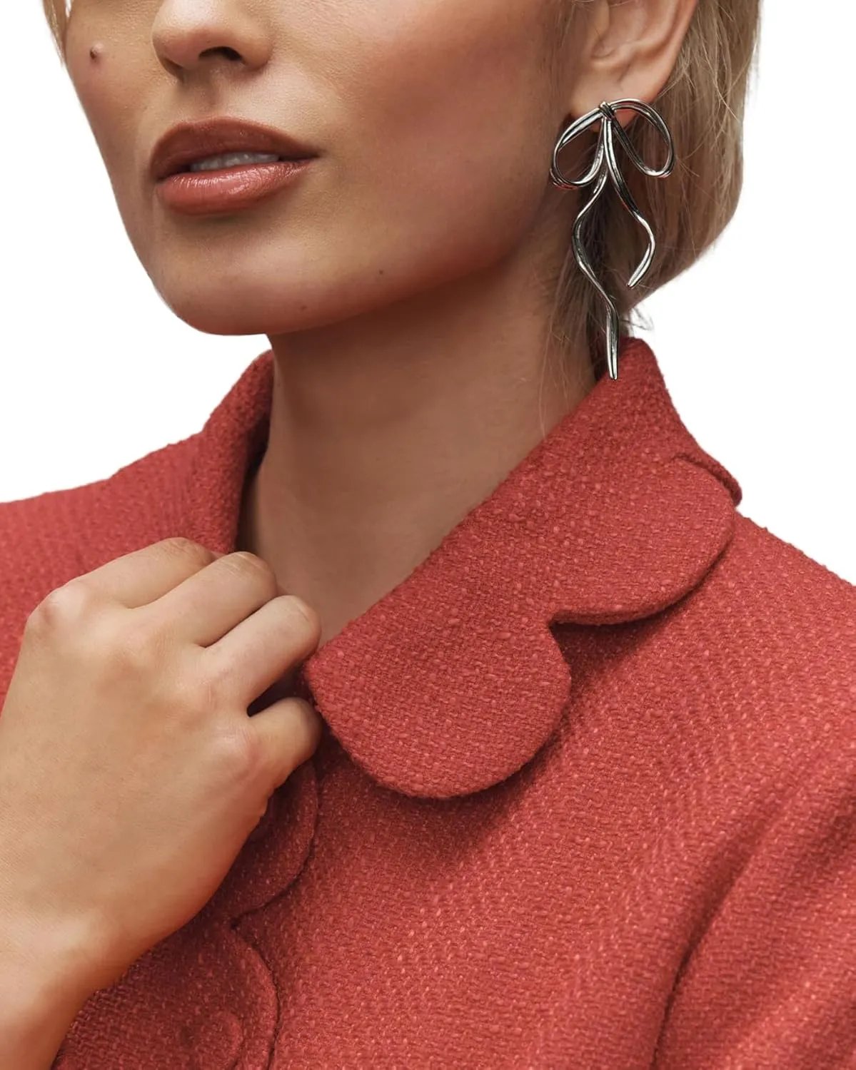 Women's Petal Bow Tweed Blazers Long Sleeve Cropped Jacket Tops Fall Open Front Office Work Blazer Coats