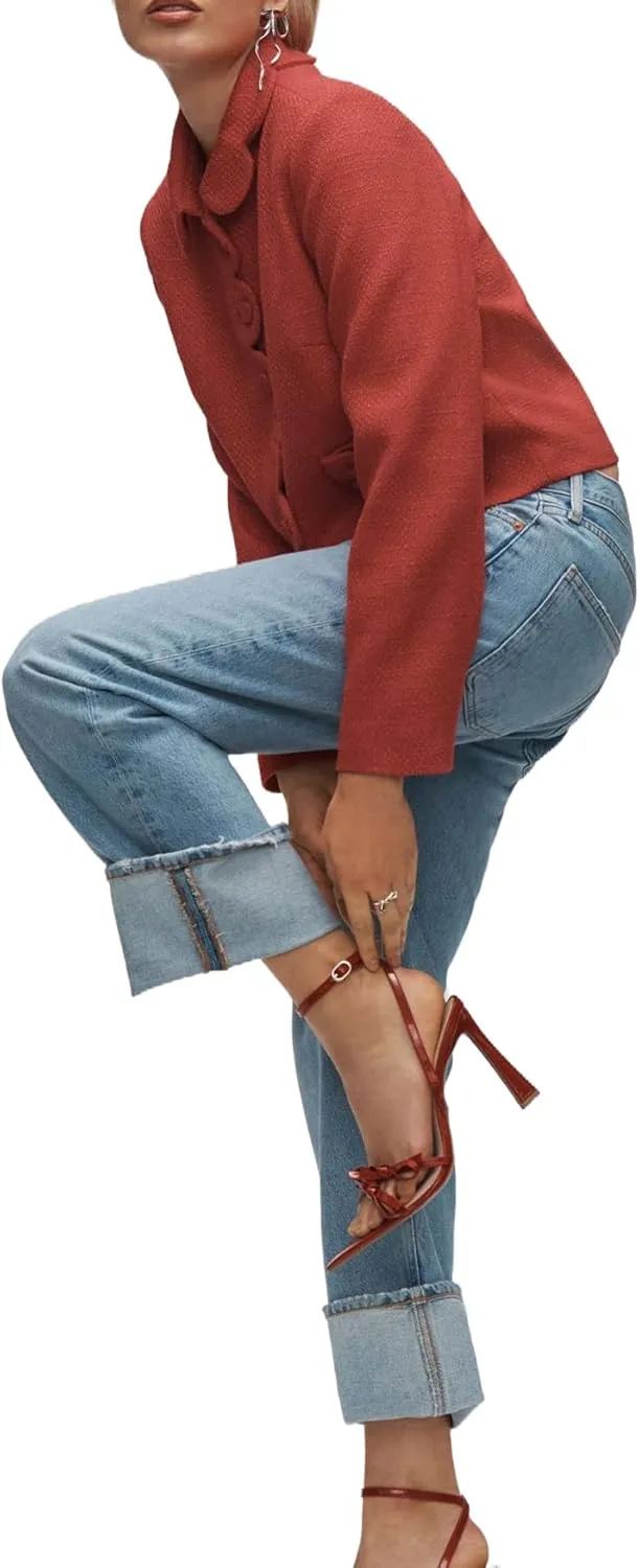 Women's Petal Bow Tweed Blazers Long Sleeve Cropped Jacket Tops Fall Open Front Office Work Blazer Coats