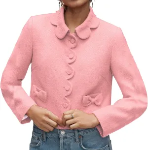 Women's Petal Bow Tweed Blazers Long Sleeve Cropped Jacket Tops Fall Open Front Office Work Blazer Coats