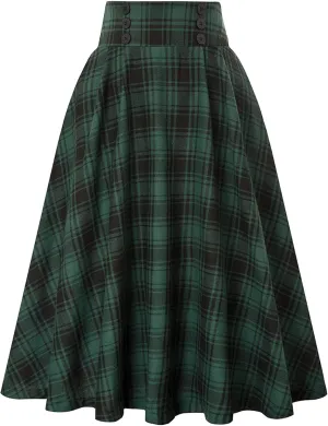 Womens Plaid Midi Skirt Vintage High Waist A Line Pleated Skirt with Pocket