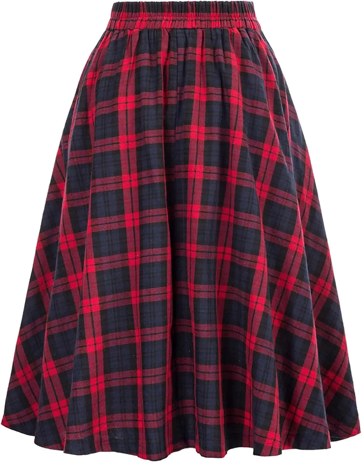 Womens Plaid Midi Skirt Vintage High Waist A Line Pleated Skirt with Pocket