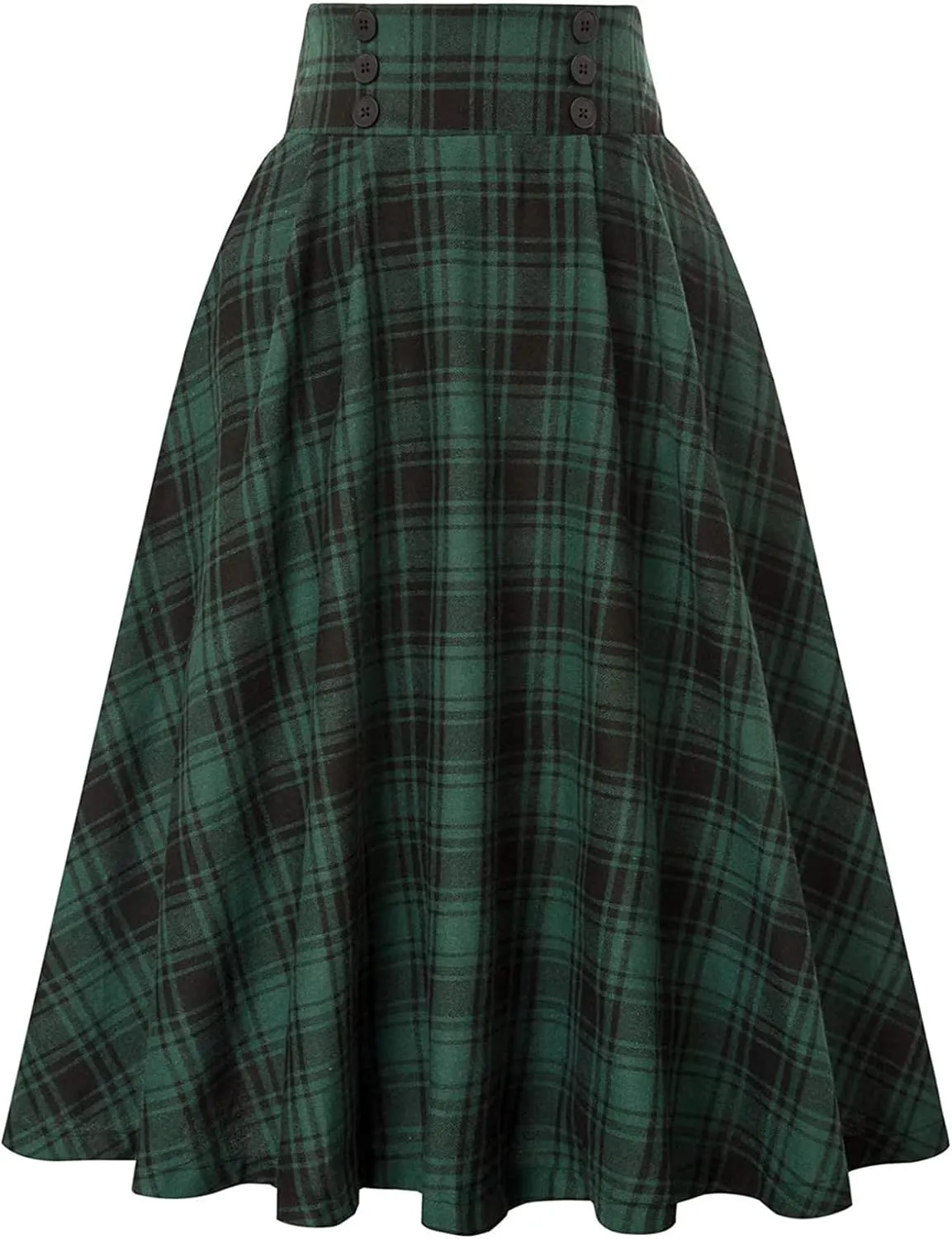 Womens Plaid Midi Skirt Vintage High Waist A Line Pleated Skirt with Pocket
