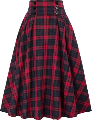 Womens Plaid Midi Skirt Vintage High Waist A Line Pleated Skirt with Pocket