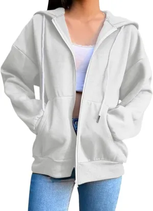 Women's Plain Hoodies Long Sleeve Zip Up Casual Oversized Sports Sweatshirt Jackets