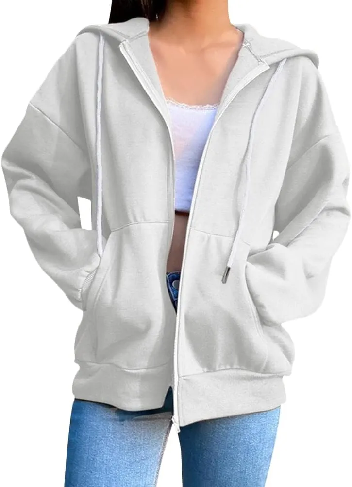 Women's Plain Hoodies Long Sleeve Zip Up Casual Oversized Sports Sweatshirt Jackets