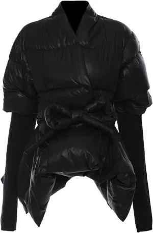Women's Quilted Cotton Padded Coat Camo Patchwork Knit Cuffs Lace-Up Waist Winter Warm Lightweight Jackets