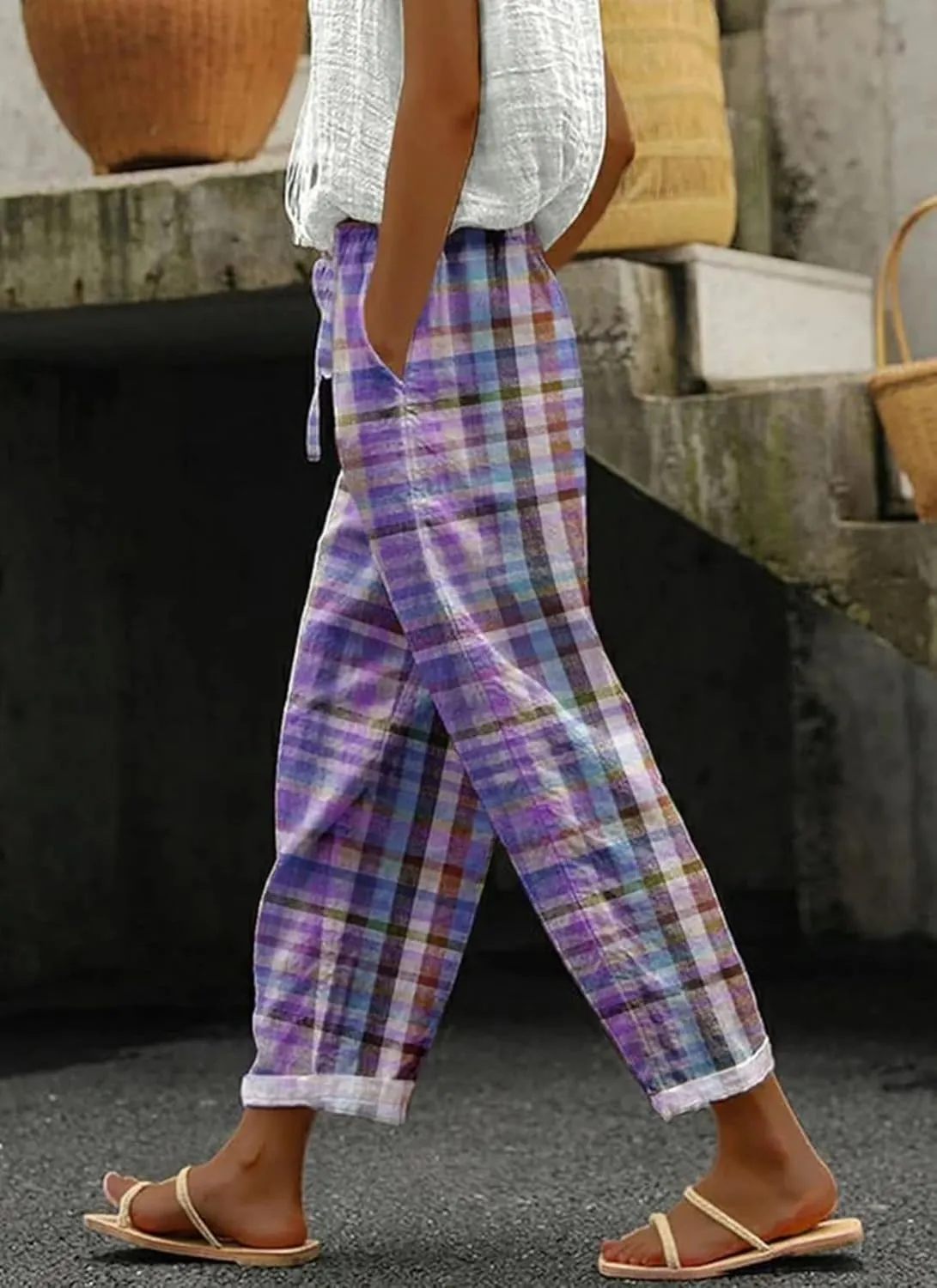 Womens Stylish Loose Fit Colorful Plaid Pants Wide-Leg Style with Pockets 2025 Fashion Outfits