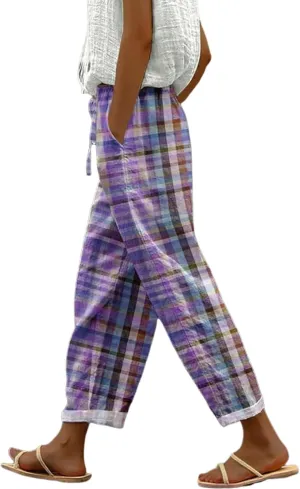 Womens Stylish Loose Fit Colorful Plaid Pants Wide-Leg Style with Pockets 2025 Fashion Outfits