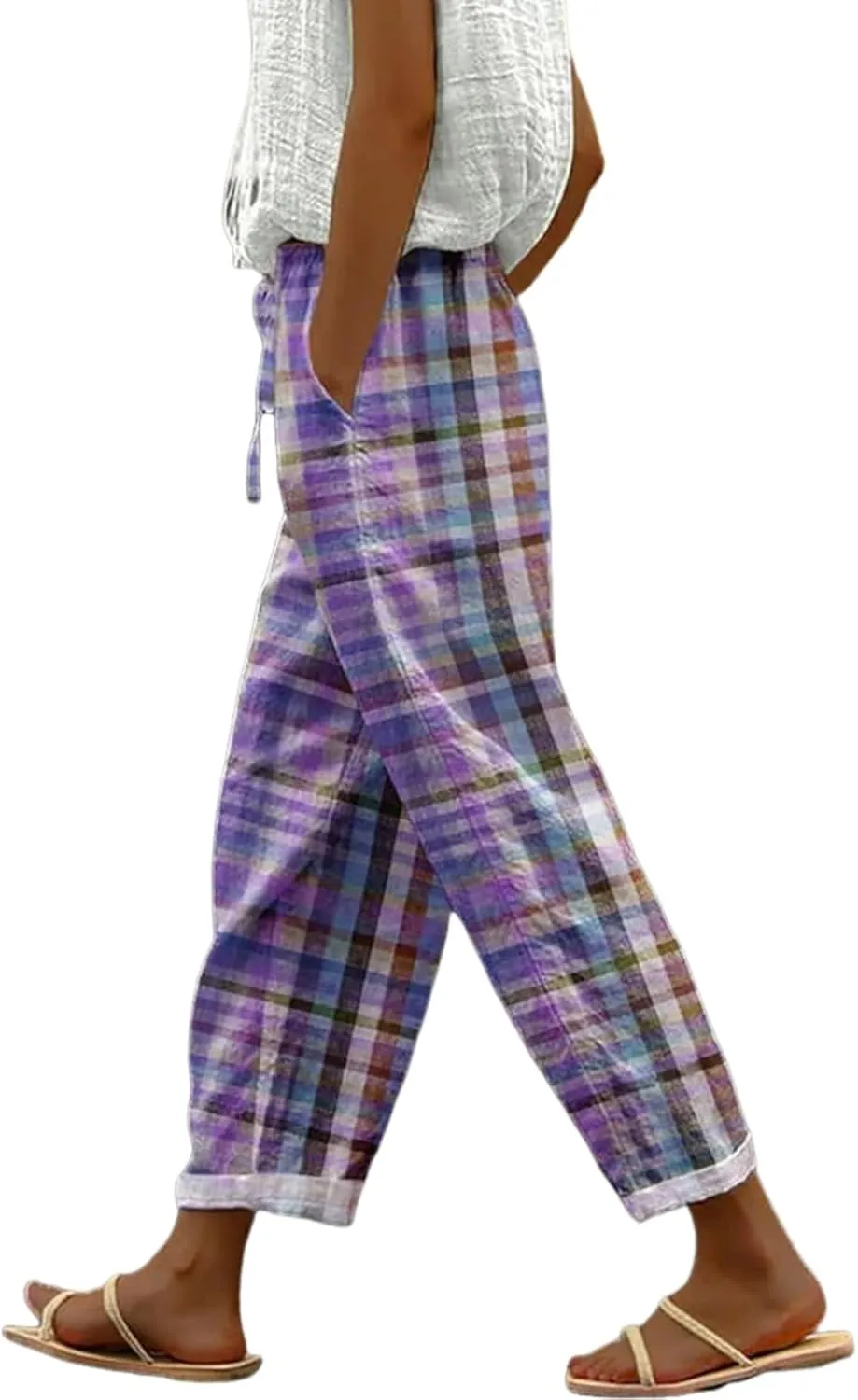 Womens Stylish Loose Fit Colorful Plaid Pants Wide-Leg Style with Pockets 2025 Fashion Outfits