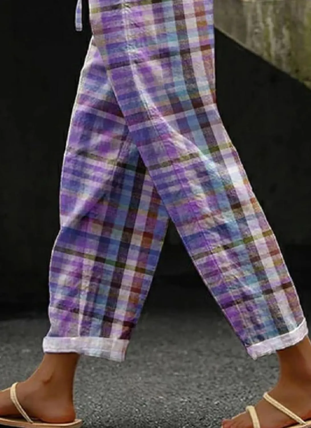 Womens Stylish Loose Fit Colorful Plaid Pants Wide-Leg Style with Pockets 2025 Fashion Outfits