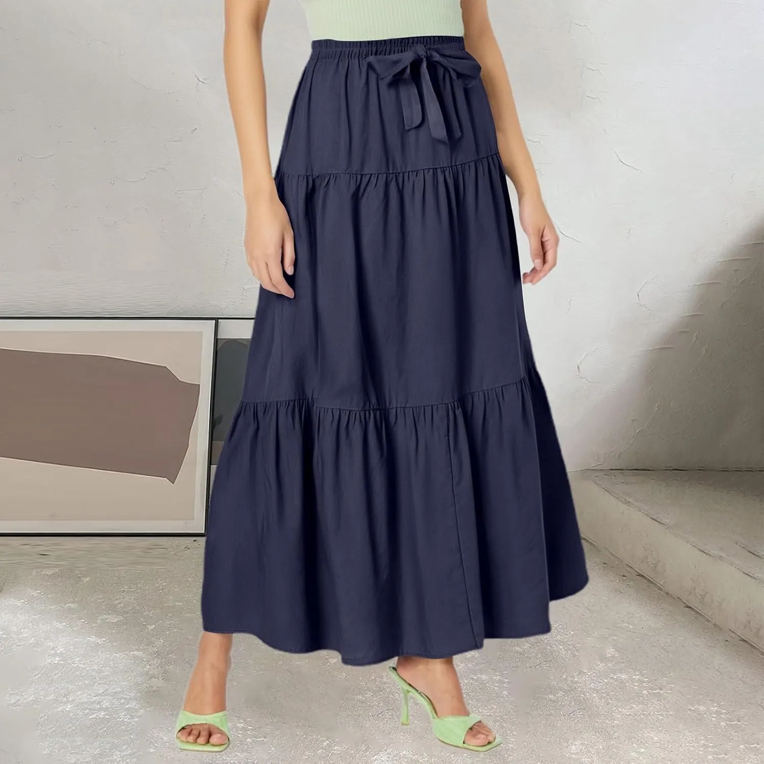 Womens Summer Boho Skirt Flowy Swing Tiered A-Line Maxi Skirt 2025 Trendy Elastic Waist Pleated Long Beach Dress