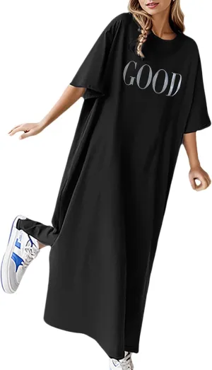 Women's Summer Loose Casual Mama Print Short Sleeve T Shirt Long Dress Casual Dresses Midi Length