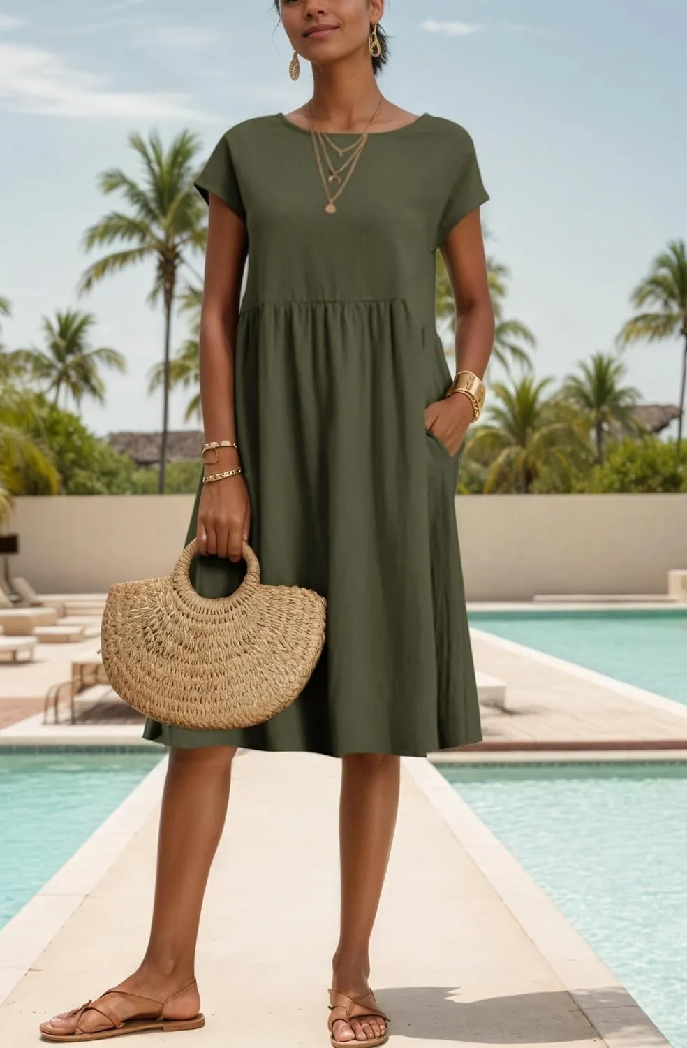 Womens Summer Midi Dresses Cap Sleeve Crew Neck T Shirt Dress Casual Loose Swing Beach Sundresses with Pockets