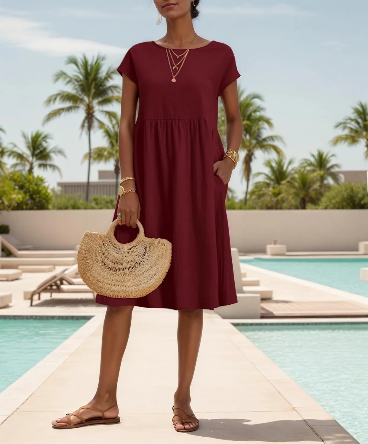 Womens Summer Midi Dresses Cap Sleeve Crew Neck T Shirt Dress Casual Loose Swing Beach Sundresses with Pockets