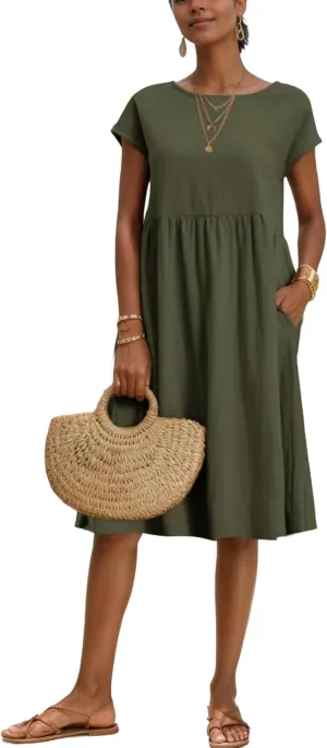 Womens Summer Midi Dresses Cap Sleeve Crew Neck T Shirt Dress Casual Loose Swing Beach Sundresses with Pockets