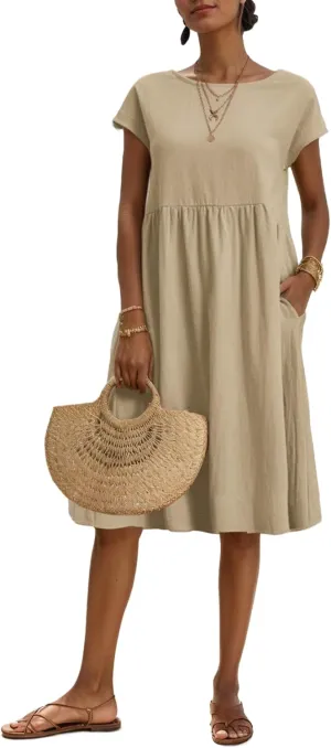 Womens Summer Midi Dresses Cap Sleeve Crew Neck T Shirt Dress Casual Loose Swing Beach Sundresses with Pockets