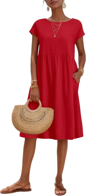 Womens Summer Midi Dresses Cap Sleeve Crew Neck T Shirt Dress Casual Loose Swing Beach Sundresses with Pockets