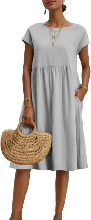 Womens Summer Midi Dresses Cap Sleeve Crew Neck T Shirt Dress Casual Loose Swing Beach Sundresses with Pockets