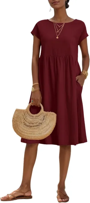 Womens Summer Midi Dresses Cap Sleeve Crew Neck T Shirt Dress Casual Loose Swing Beach Sundresses with Pockets