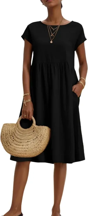 Womens Summer Midi Dresses Cap Sleeve Crew Neck T Shirt Dress Casual Loose Swing Beach Sundresses with Pockets