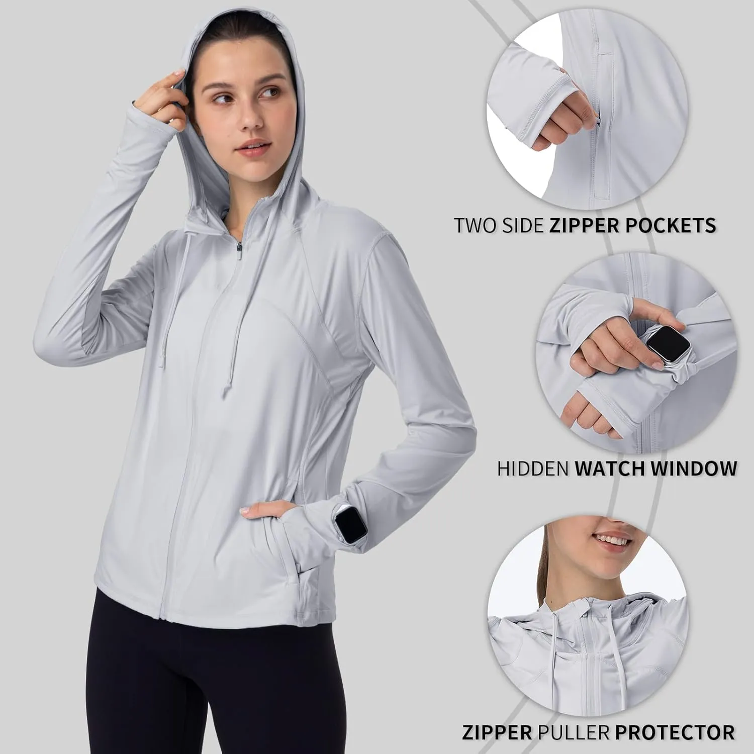 Womens Sun Protection Hoodie SPF Jacket Lightweight Full Zip Up Summer UV UPF 50  with Pockets Thumb Hole