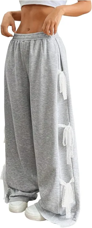 Women's Sweatpants Chic Teen Girls Side Bow Tie Straight Leg Casual Pants Baggy Y2k Mopping Trousers with Pockets