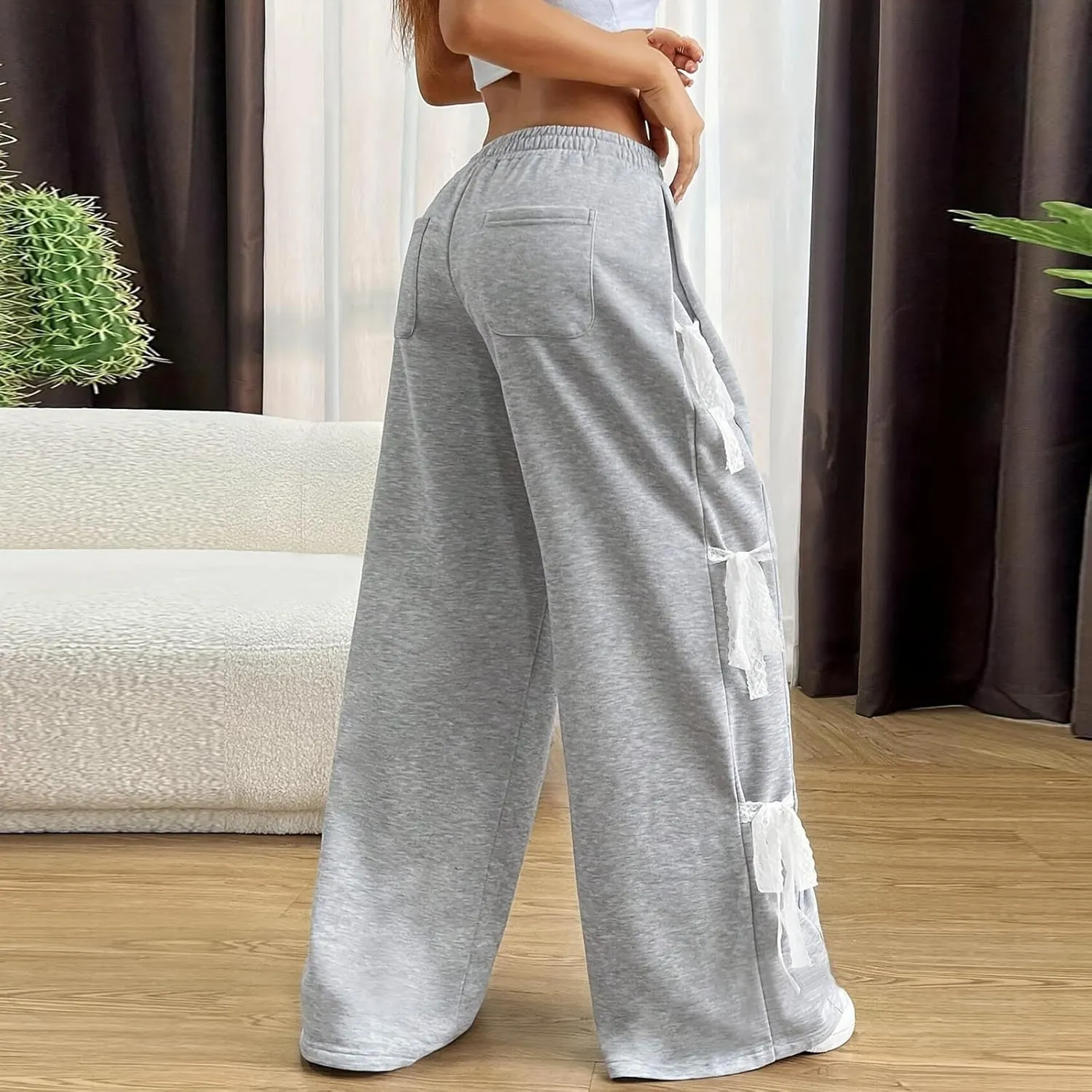 Women's Sweatpants Chic Teen Girls Side Bow Tie Straight Leg Casual Pants Baggy Y2k Mopping Trousers with Pockets