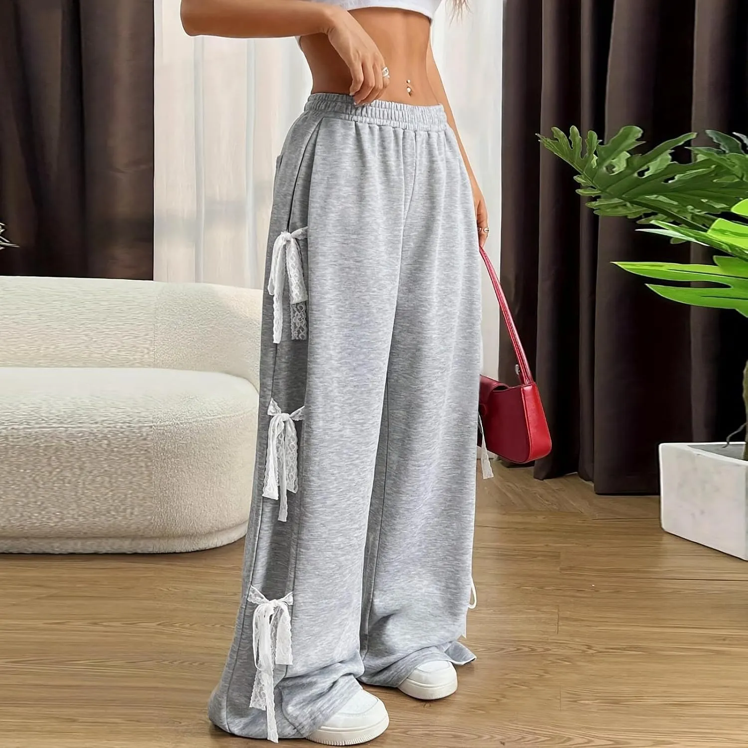 Women's Sweatpants Chic Teen Girls Side Bow Tie Straight Leg Casual Pants Baggy Y2k Mopping Trousers with Pockets