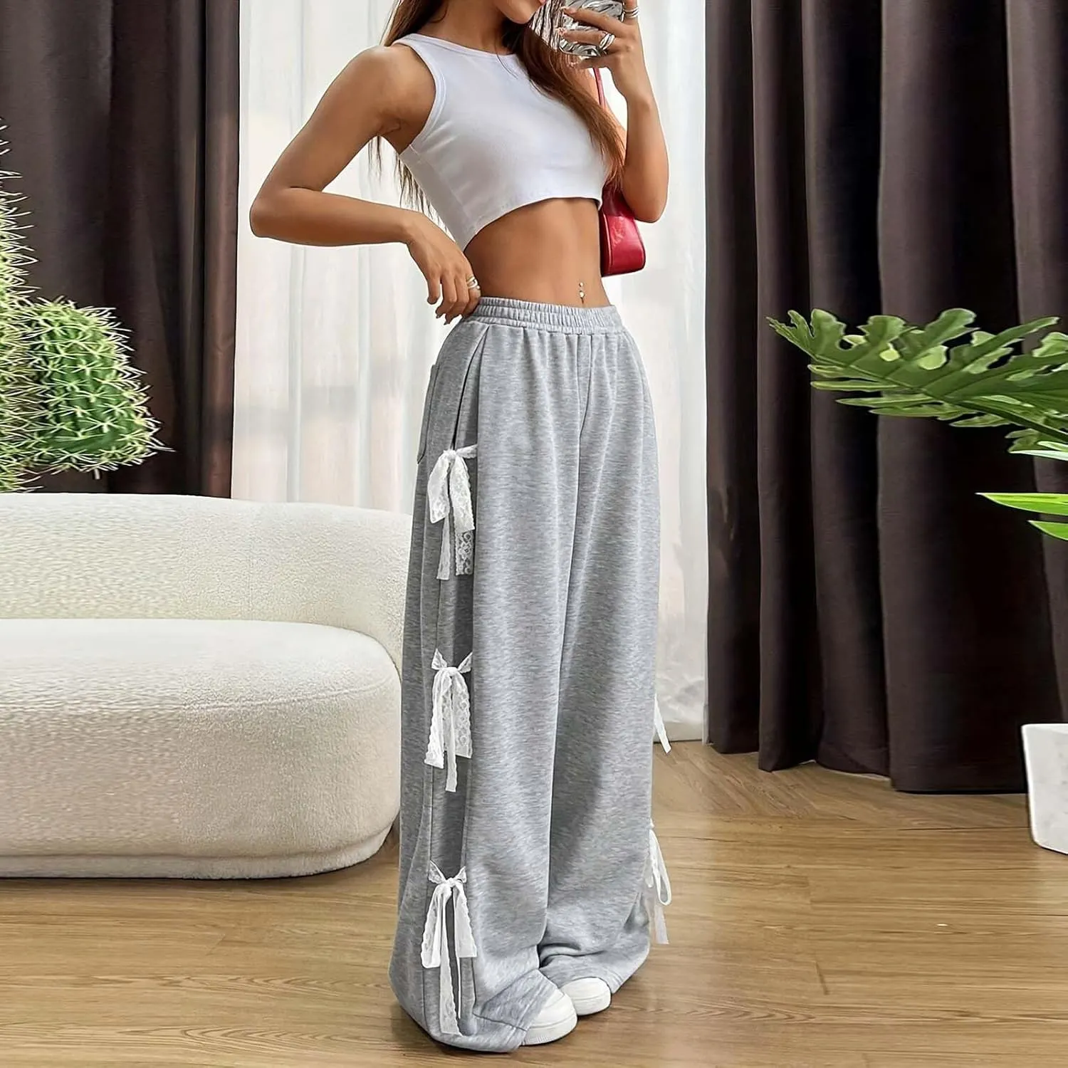 Women's Sweatpants Chic Teen Girls Side Bow Tie Straight Leg Casual Pants Baggy Y2k Mopping Trousers with Pockets
