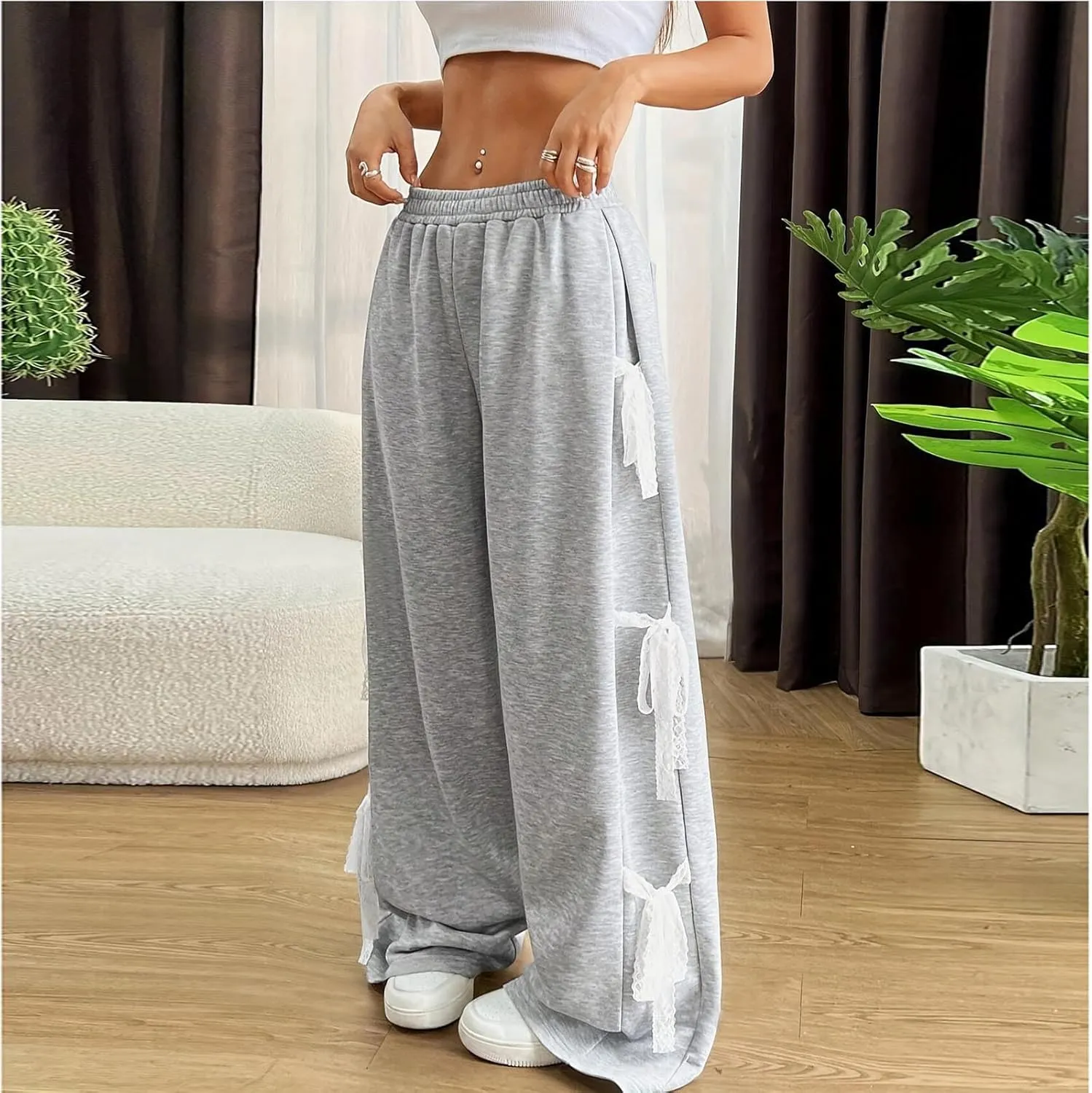 Women's Sweatpants Chic Teen Girls Side Bow Tie Straight Leg Casual Pants Baggy Y2k Mopping Trousers with Pockets