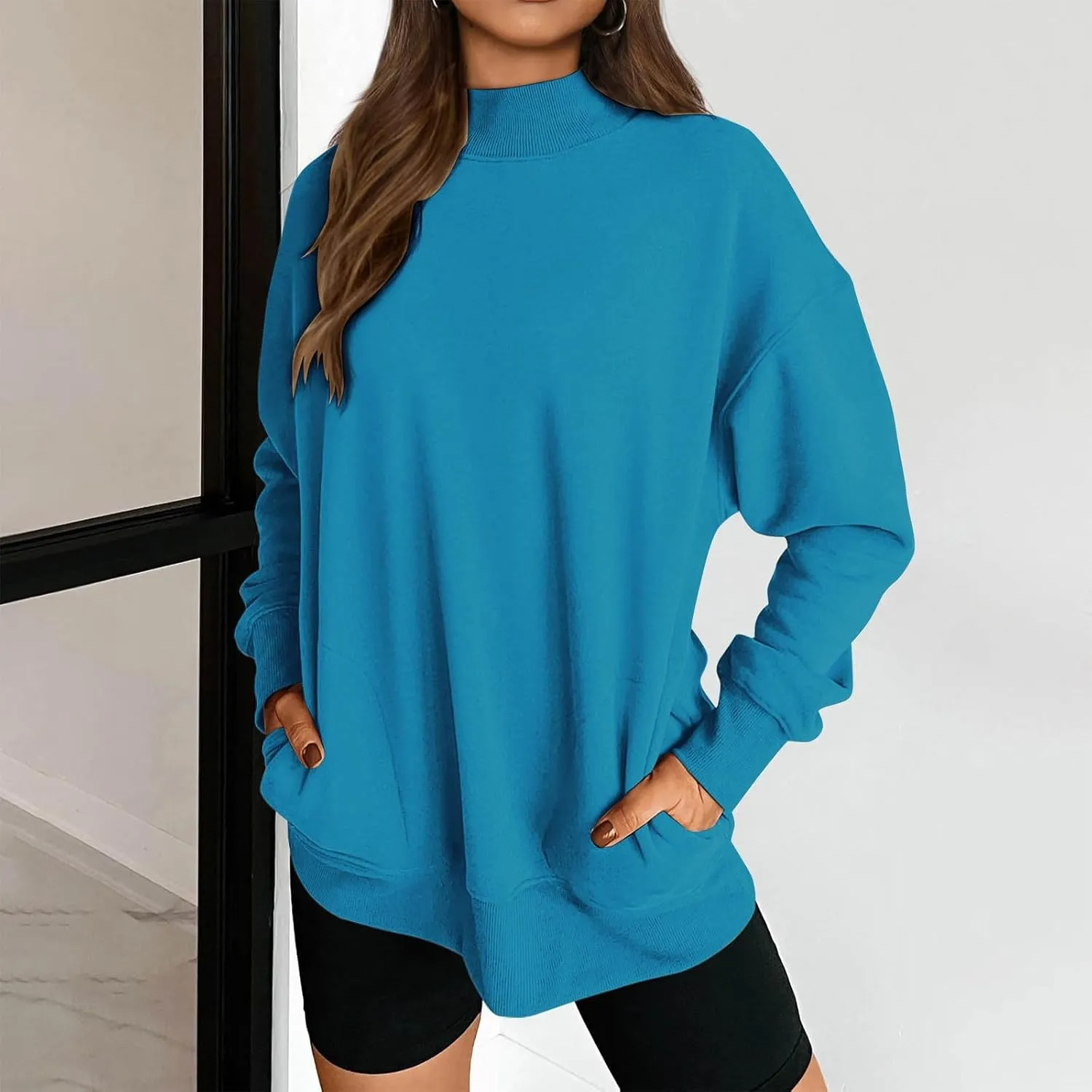 Womens Tops Casual Long Sleeve Sweatshirt Turtleneck Lightweight Coats Daily Fashion Fall Pullover Top with Pockets